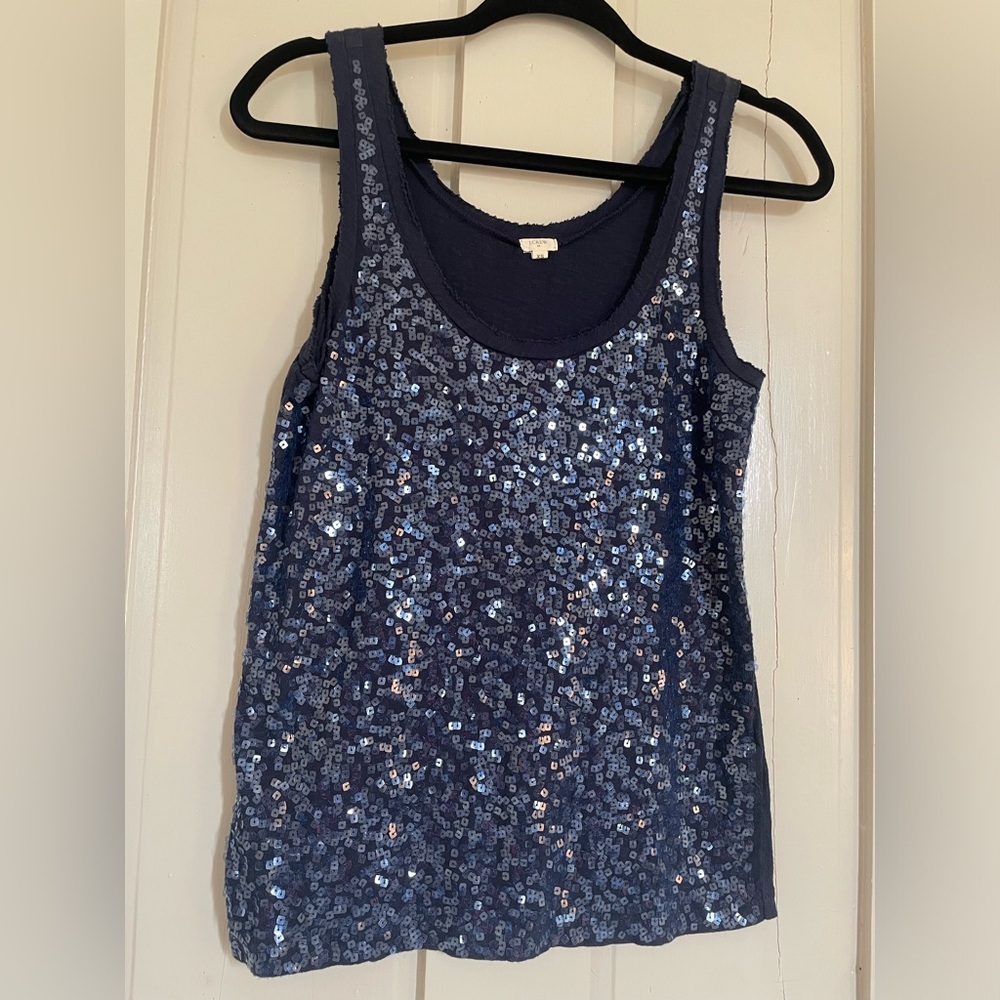 J. Crew Blue Sequin Sparkle Sleeveless Tank Top Raw Hem 100% Cotton Comfy Fun - Picture 6 of 12